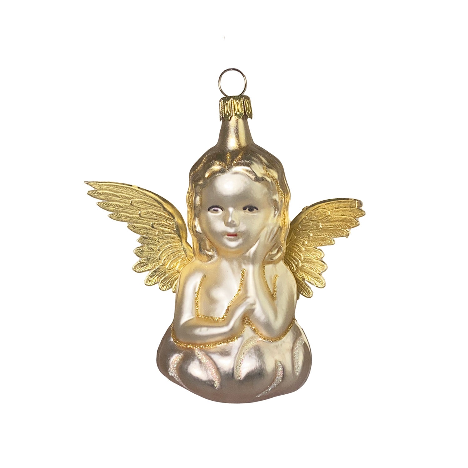 Engel sitzend gold Christbaumkugel aus Glas