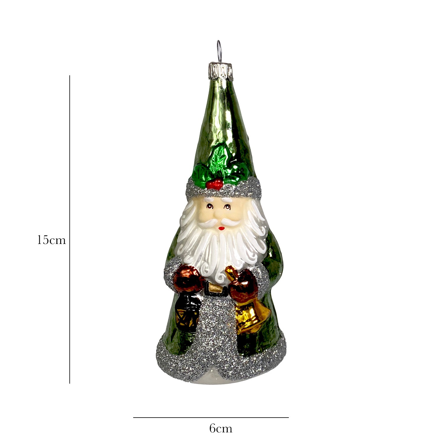Weihnachtsmann mit Laterne und Spitzhut hellgrün Christbaumkugel aus Glas