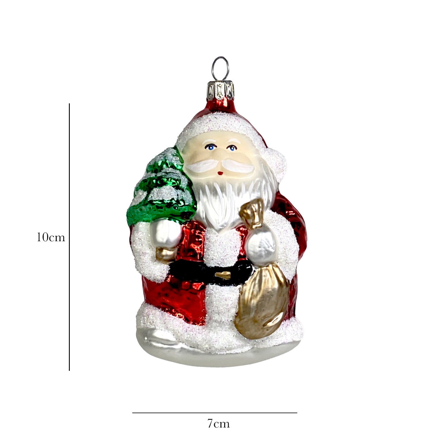 Weihnachtsmann mit Gesicht sowie Geschenkesack und Bäumchen rot Christbaumkugel aus Glas