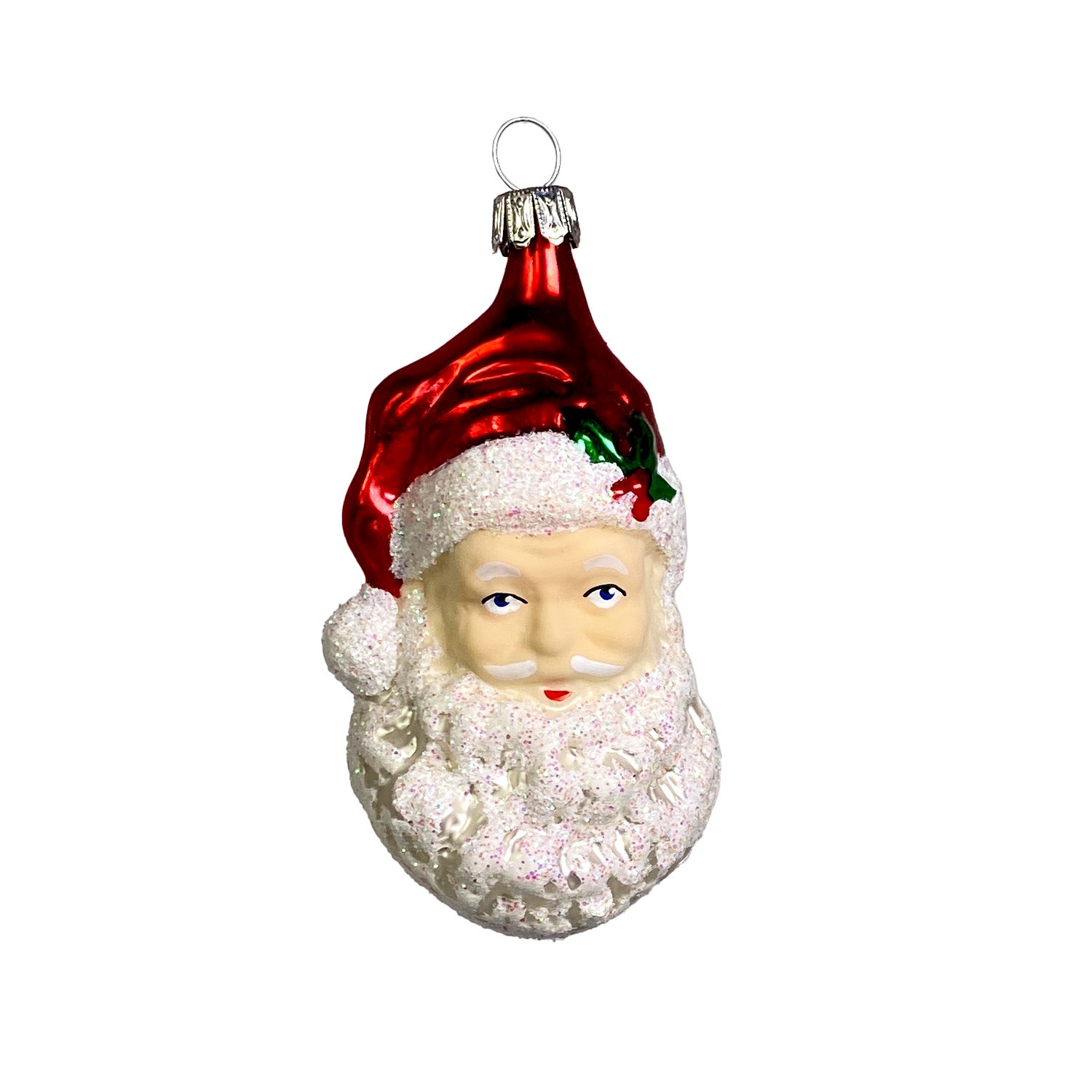 Großer Weihnachtsmannkopf weiß mit Glitterbart Christbaumkugel aus Glas