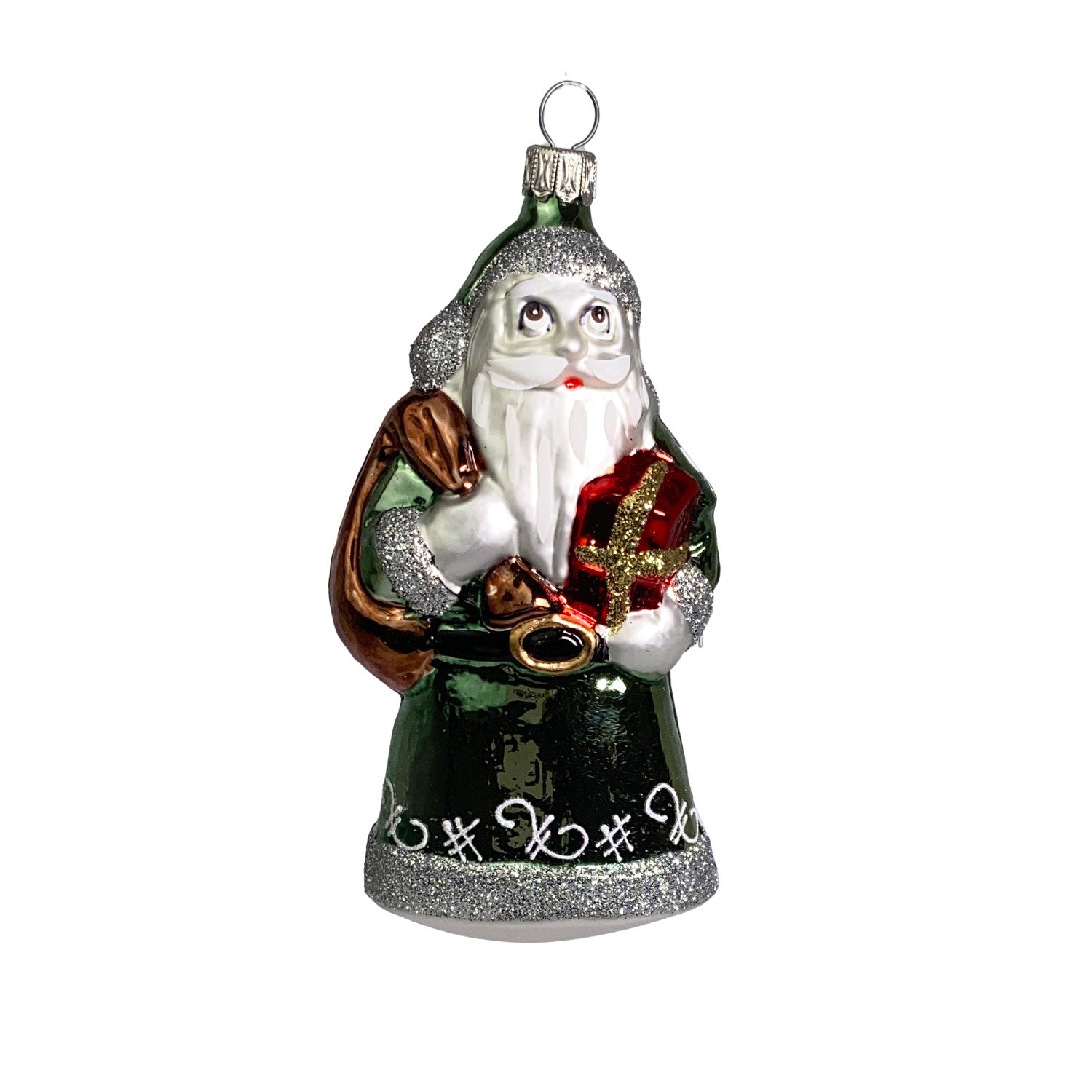 Weihnachtsmann mit Geschenk und Sack hellgrün Christbaumkugel aus Glas