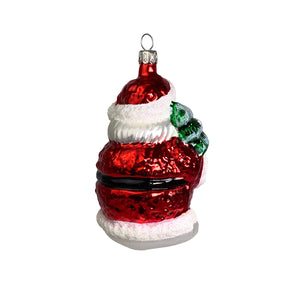 Weihnachtsmann mit Gesicht sowie Geschenkesack und Bäumchen rot Christbaumkugel aus Glas