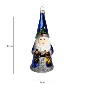 Weihnachtsmann mit Laterne und Spitzhut blau Christbaumkugel aus Glas