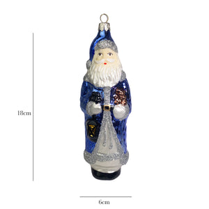 Großer Weihnachtsmann mit Teddy blau Christbaumkugel aus Glas