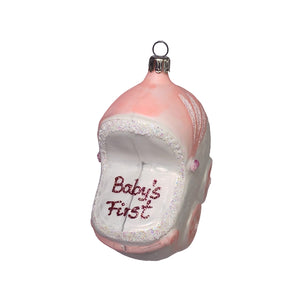 Babywagen Christbaumkugel rosa aus Glas