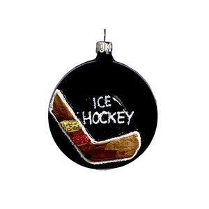 Ice Hockey Puck schwarz Christbaumkugel aus Glas