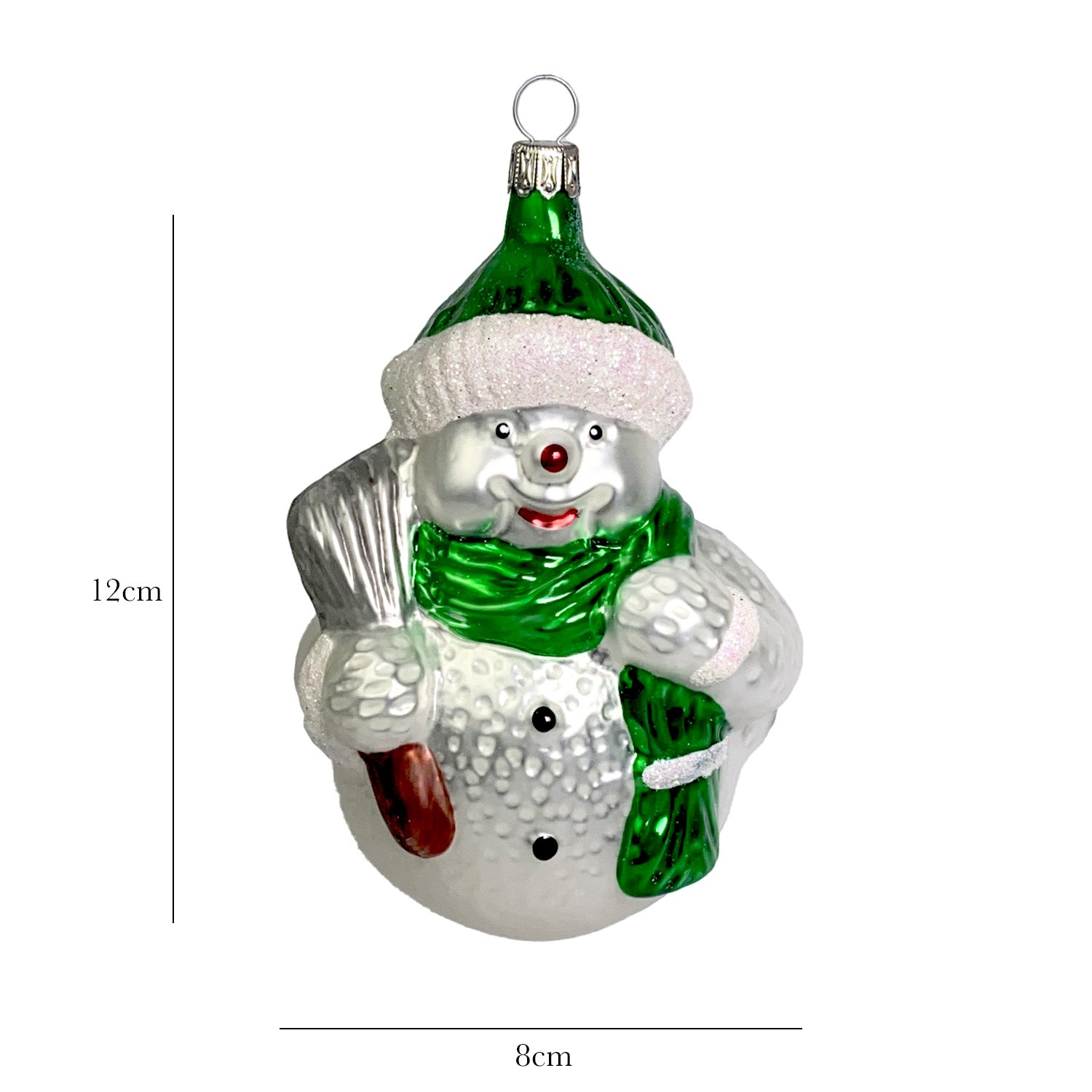 Schneemann mit Besen grün Christbaumkugel aus Glas