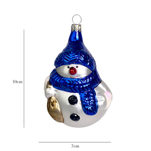 Schneemann mit Geschenkesack blau Christbaumkugel aus Glas