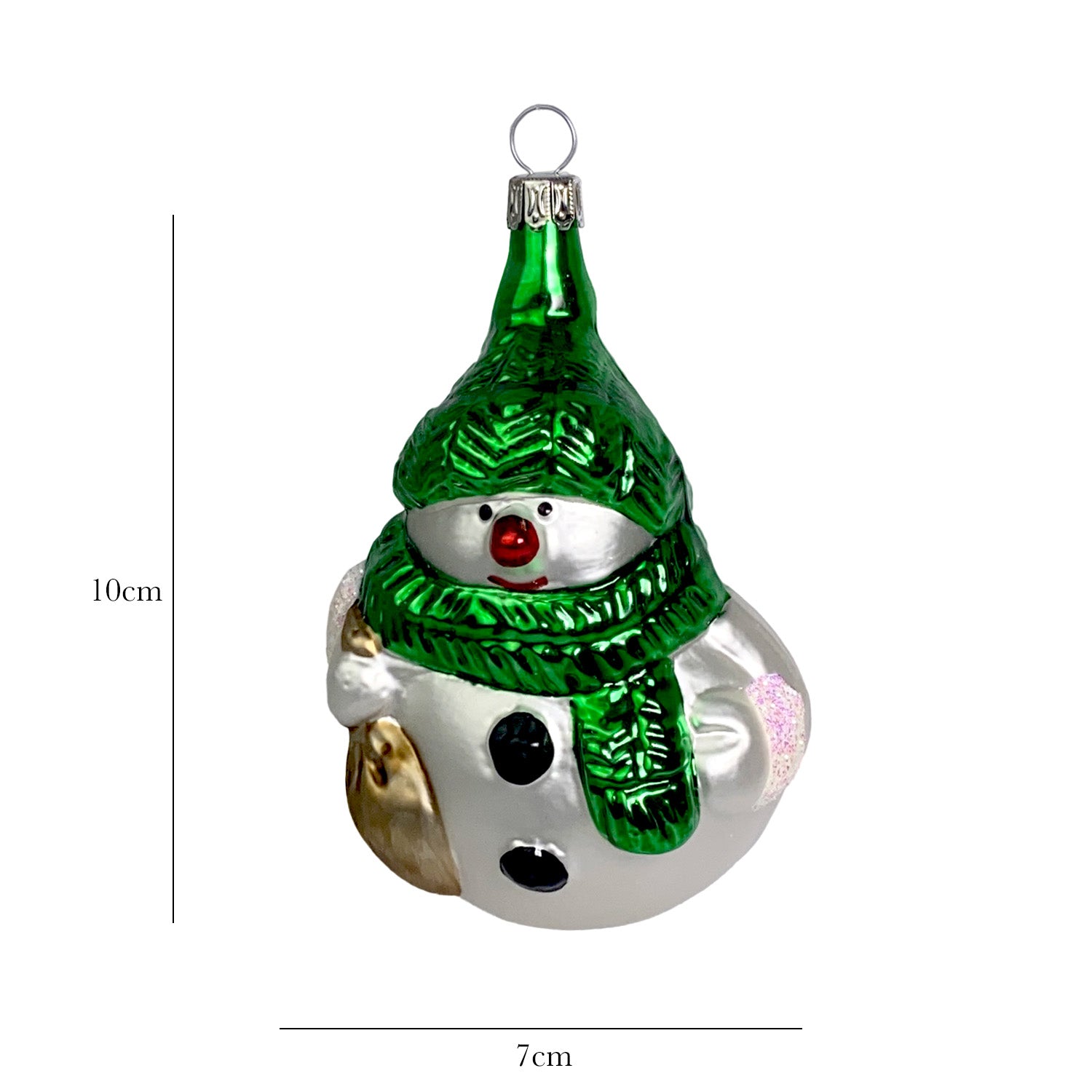 Schneemann mit Geschenkesack grün Christbaumkugel aus Glas