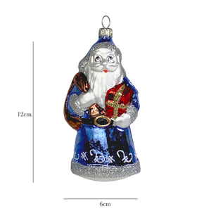 Weihnachtsmann mit Geschenk und Sack hellblau Christbaumkugel aus Glas