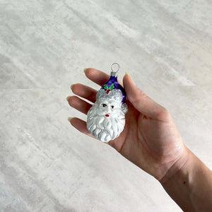 kleiner Weihnachtsmannkopf violett Christbaumkugel aus Glas
