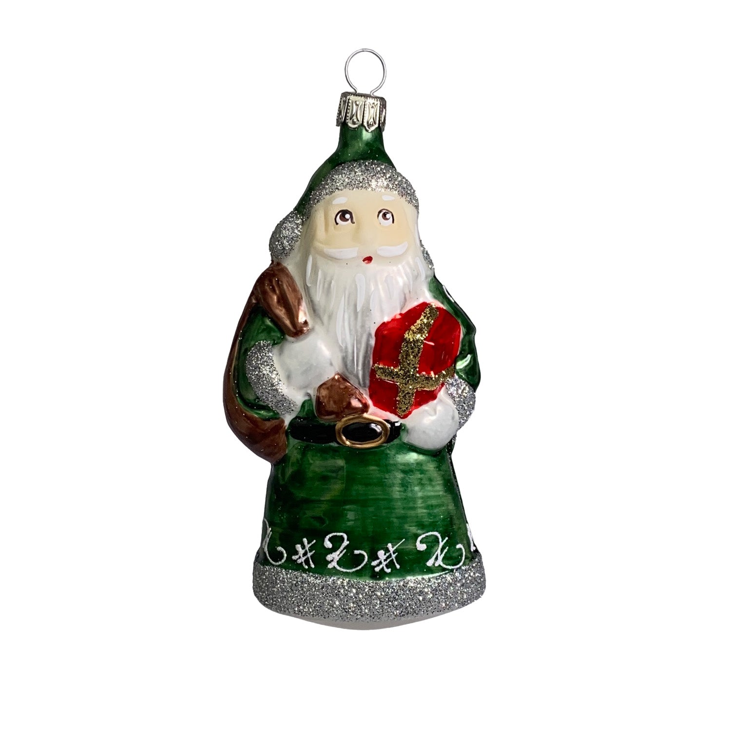 Weihnachtsmann mit Geschenk und Sack dunkelgrün Christbaumkugel aus Glas