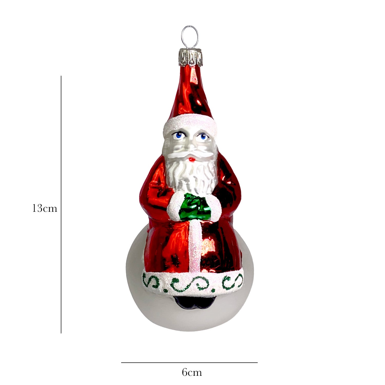 Weihnachtsmann auf Schneeball rot Christbaumkugel aus Glas