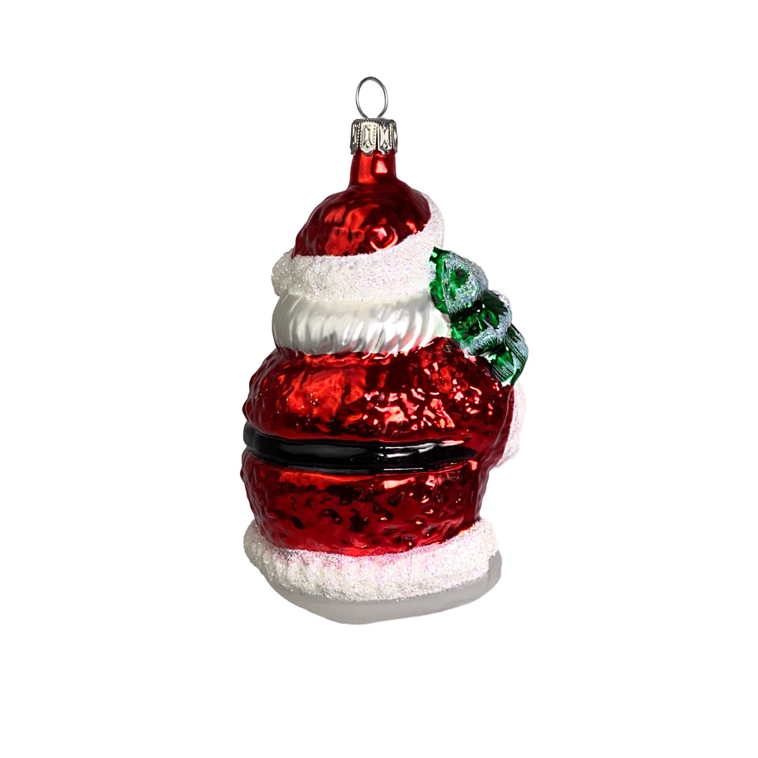 Weihnachtsmann mit Geschenkesack und Bäumchen rot Christbaumkugel aus Glas