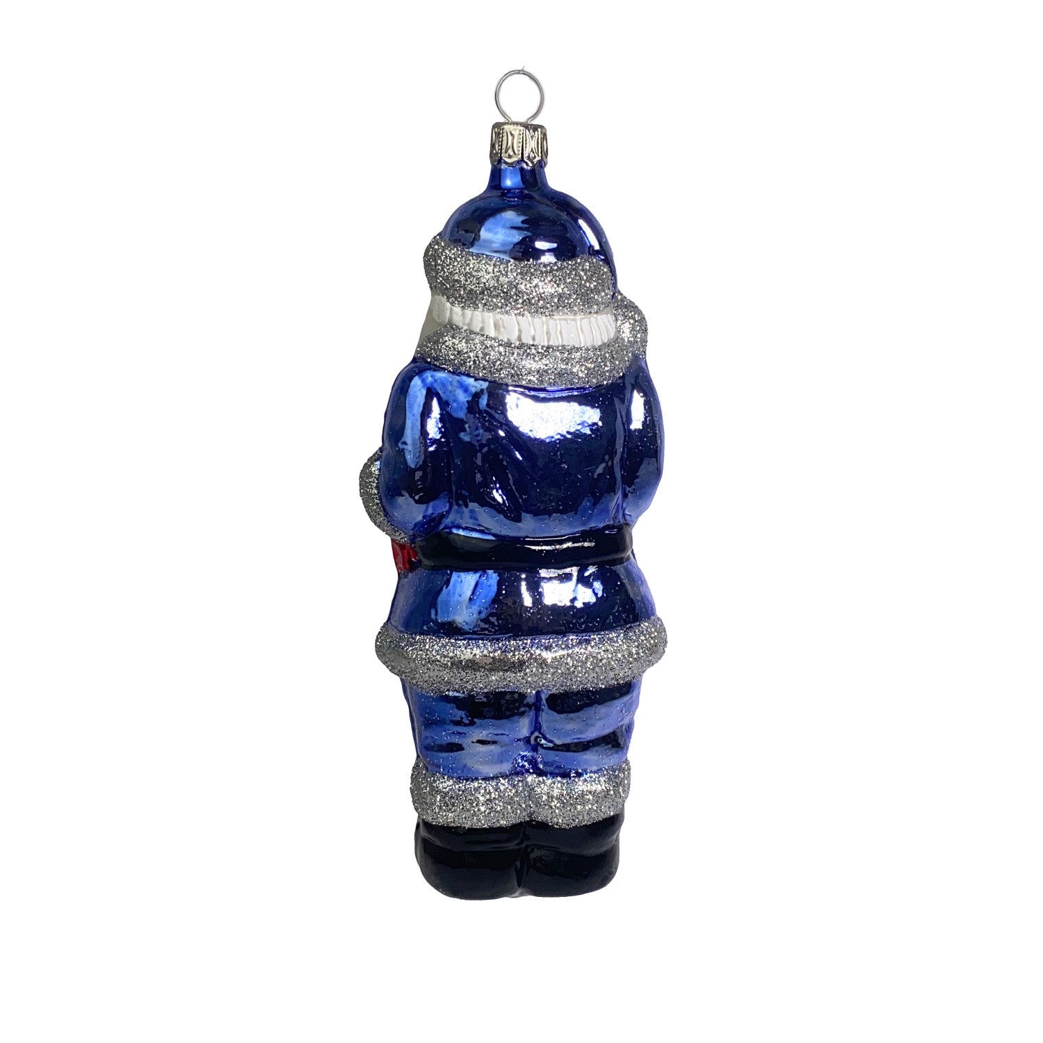 Weihnachtsmann mit Geschenk und Bäumchen blau Christbaumkugel aus Glas