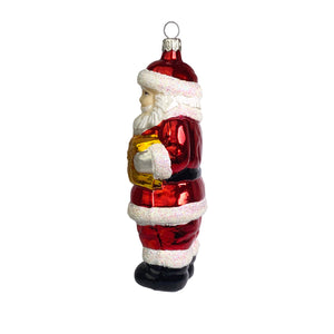 Weihnachtsmann mit Geschenk und Bäumchen rot Christbaumkugel aus Glas