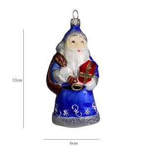 Weihnachtsmann mit Geschenk und Sack dunkelblau Christbaumkugel aus Glas