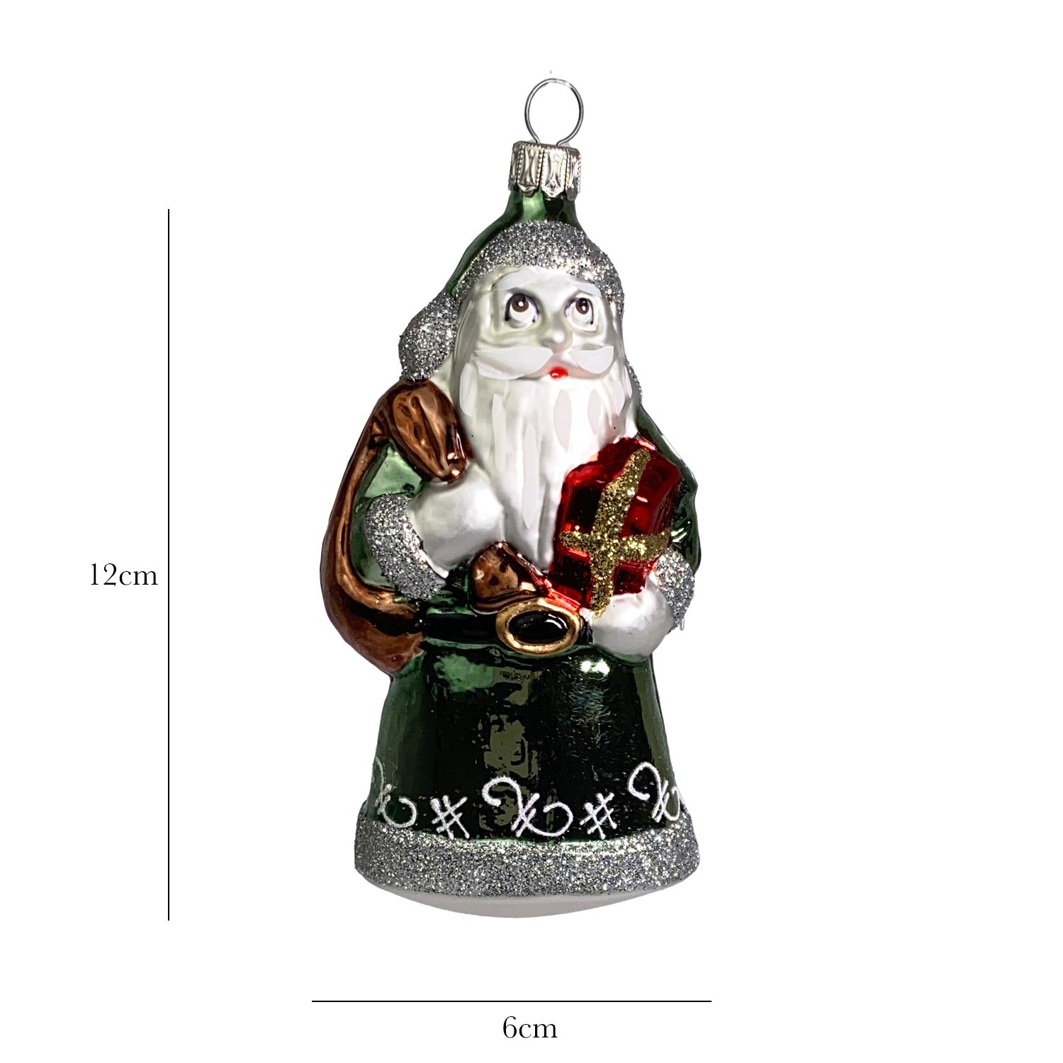 Weihnachtsmann mit Geschenk und Sack hellgrün Christbaumkugel aus Glas