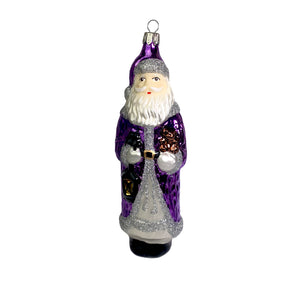 Großer Weihnachtsmann mit Teddy violett Christbaumkugel aus Glas