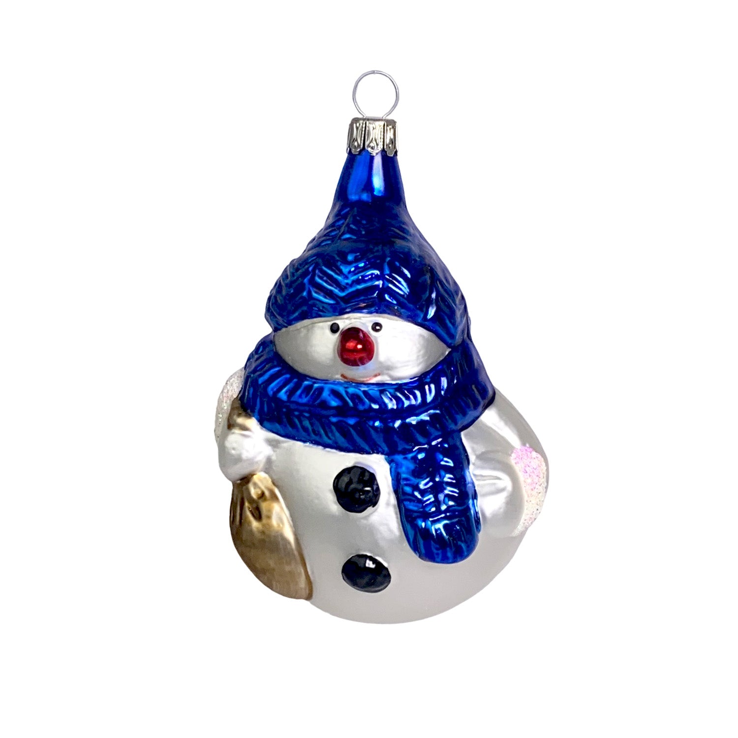 Schneemann mit Geschenkesack blau Christbaumkugel aus Glas