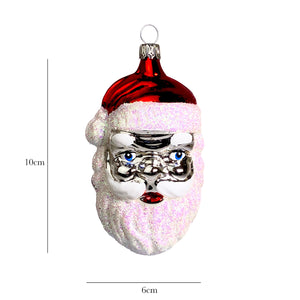 Großer Weihnachtsmannkopf silber mit Glitter Christbaumkugel aus Glas