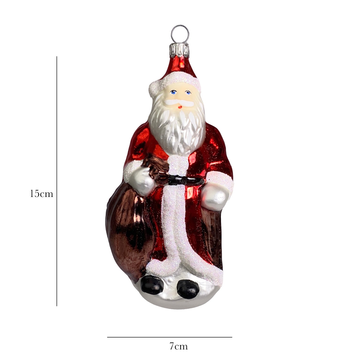 Weihnachtsmann mit Geschenkesack rot Christbaumkugel aus Glas