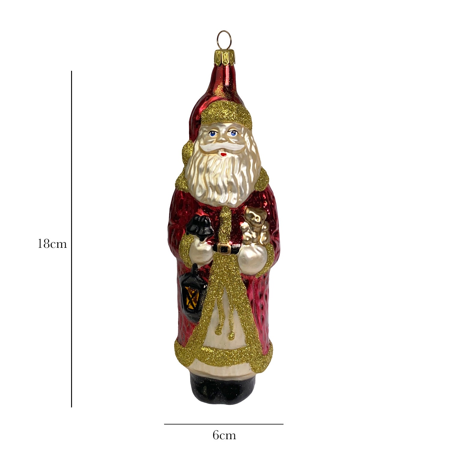 Großer Weihnachtsmann mit Teddy dunkelrot Christbaumkugel aus Glas