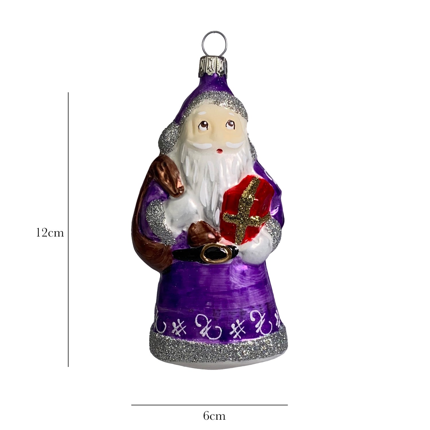 Weihnachtsmann mit Geschenk und Sack violett Christbaumkugel aus Glas