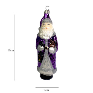 Großer Weihnachtsmann mit Teddy violett Christbaumkugel aus Glas